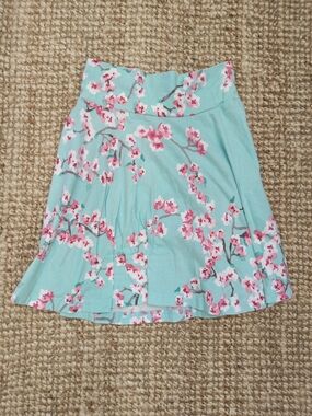 Joules Aqua Floral Swing Skirt with Pink Blossoms